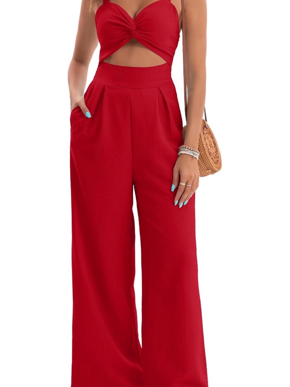 Amazon Red Wide-Leg Cutout Jumpsuit with Twist Front